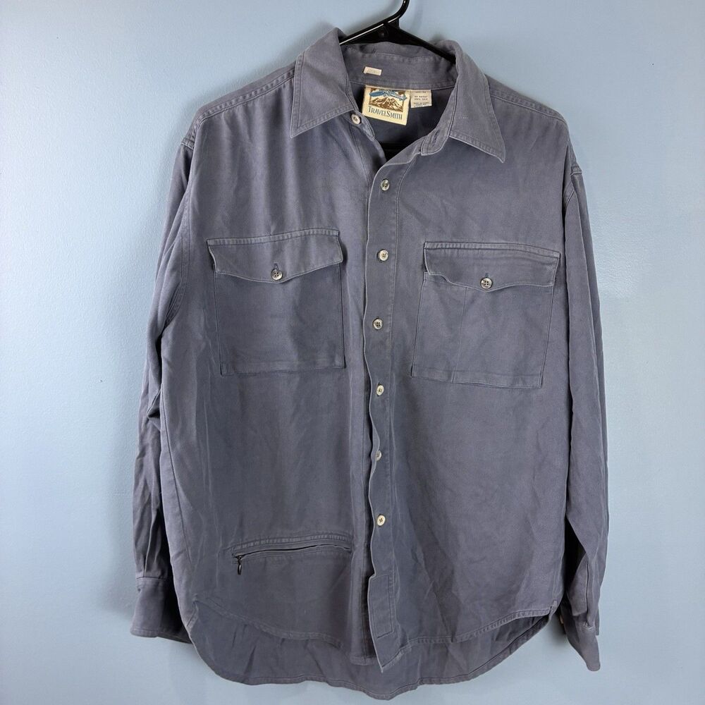TravelSmith Mens Blue Silk Long Sleeve Shirt Pockets Size Medium